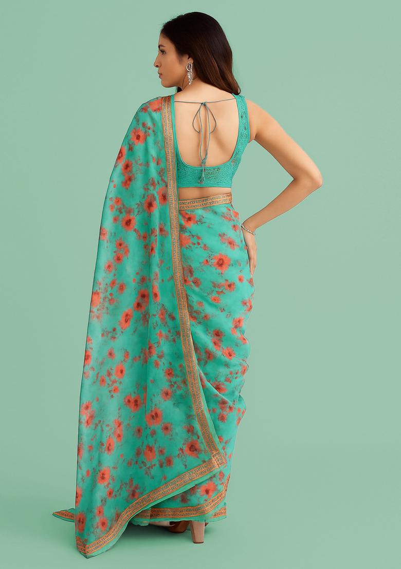 Sea Green Embroidered Crepe Pre Draped Saree Set - Indya