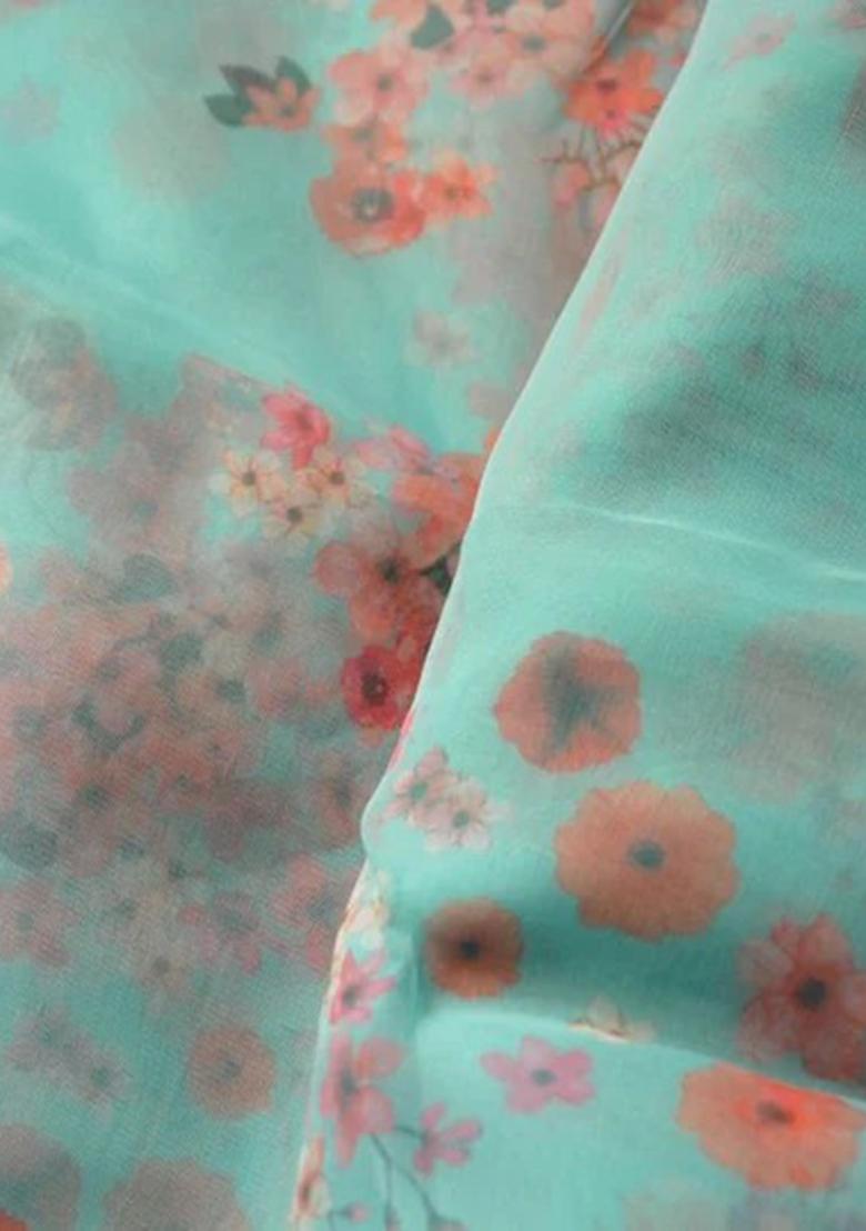 Sea Green Embroidered Crepe Pre Draped Saree Set - Indya