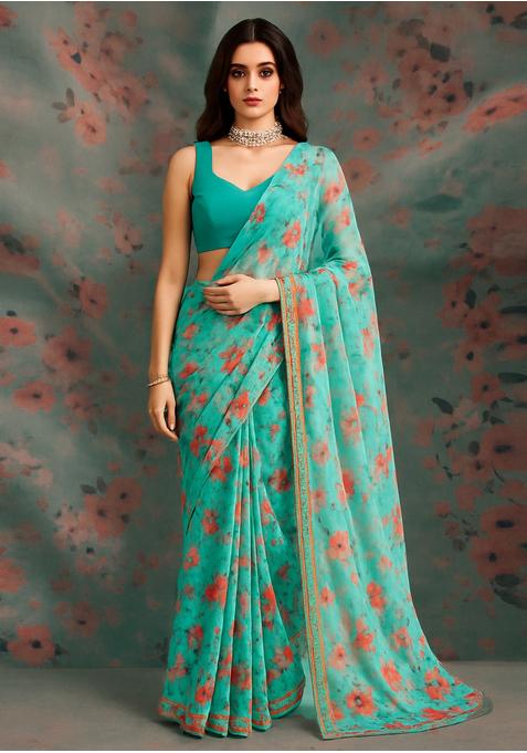 Sea Green Printed Crepe Pre Draped Saree Set