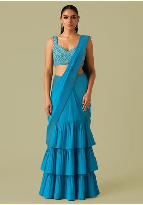 Sky Blue Embroidered Blouse Georgette Pre Draped Saree Set