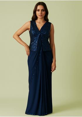 Dark Blue Embroidered Georgette Pre Draped Saree Set