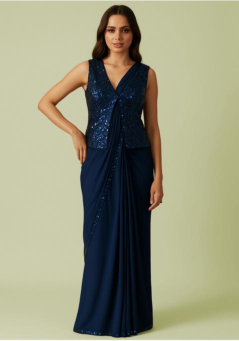 Dark Blue Sequin Blouse Georgette Pre Draped Saree Set