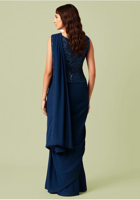 Dark Blue Sequin Blouse Georgette Pre Draped Saree Set