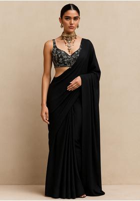 Black Embroidered Georgette Pre Draped Saree Set