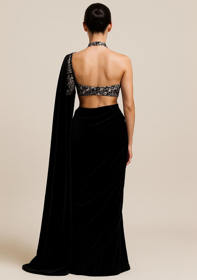 Black Embroidered Georgette Pre Draped Saree Set - Indya