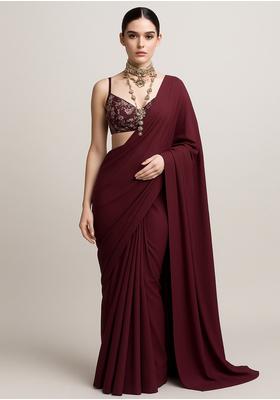 Wine Embroidered Blouse Georgette Pre Draped Saree Set