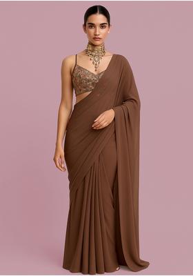 Brown Embroidered Blouse Georgette Pre Draped Saree Set