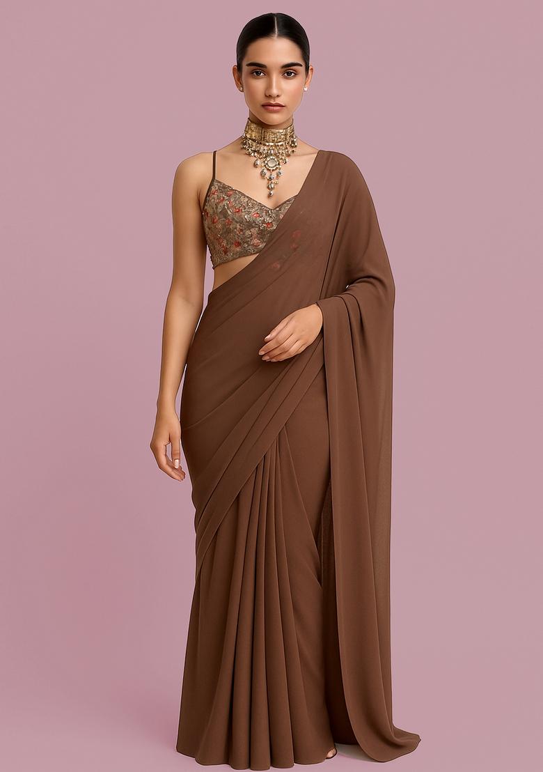 Brown Embroidered Blouse Georgette Pre Draped Saree Set