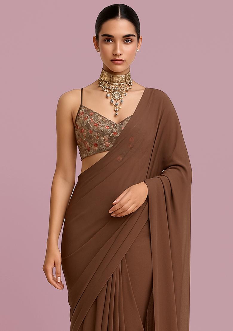 Brown Embroidered Blouse Georgette Pre Draped Saree Set