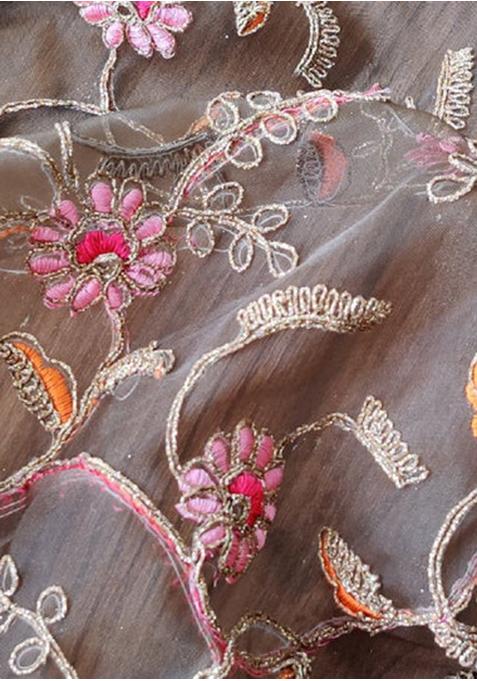 Brown Embroidered Blouse Georgette Pre Draped Saree Set