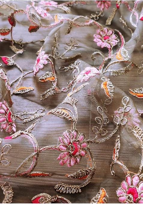 Brown Embroidered Blouse Georgette Pre Draped Saree Set