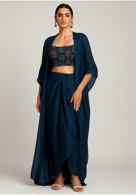 Teal Blue Embroidered Organza Pre Draped Saree Set