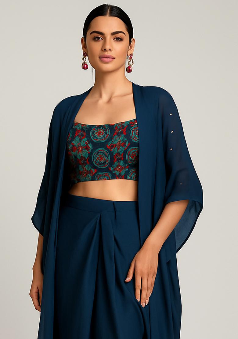 Teal Blue Embroidered Organza Pre Draped Saree Set - Indya