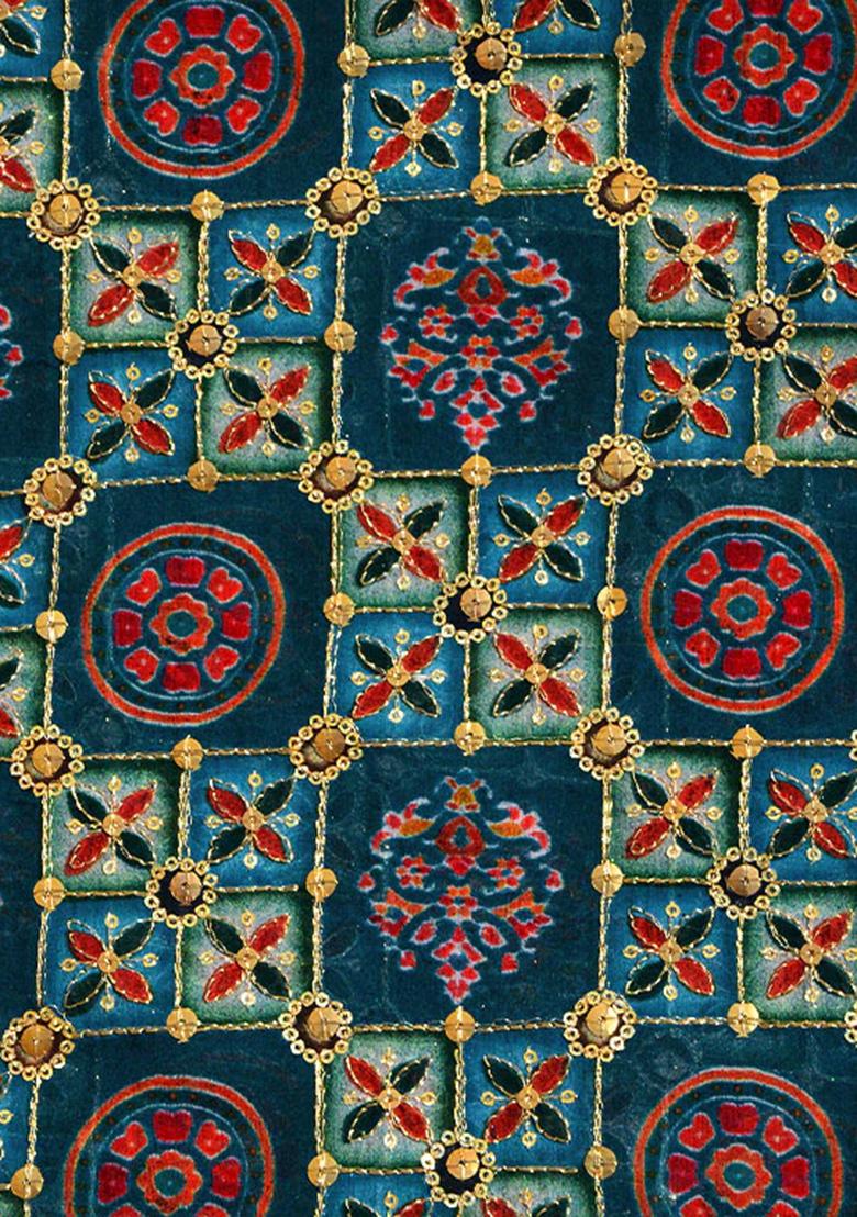 Teal Blue Embroidered Organza Pre Draped Saree Set - Indya