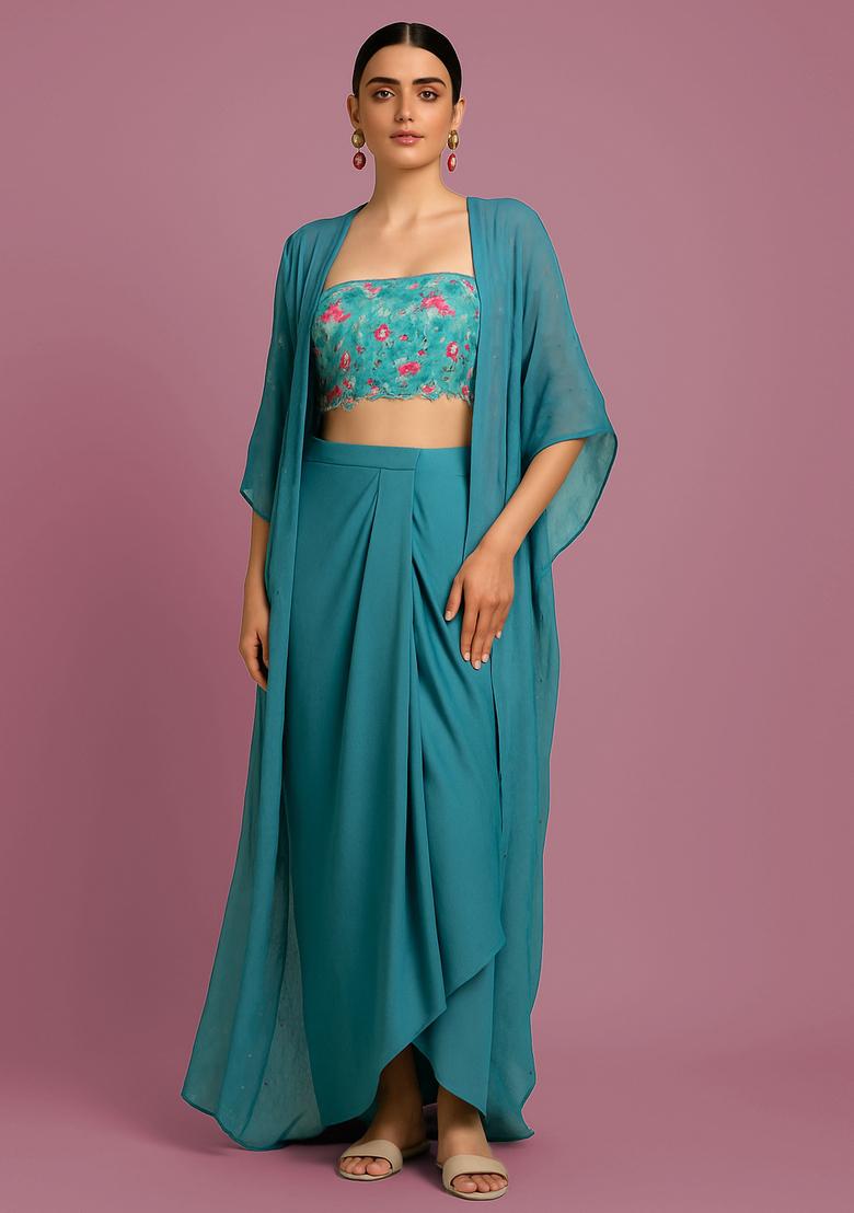 Sky Blue Embroidered Organza Pre Draped Saree Set - Indya