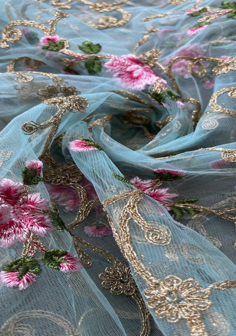 Sky Blue Embroidered Organza Pre Draped Saree Set - Indya