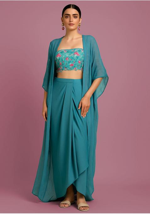 Sky Blue Embroidered Blouse Georgette Fusion Set