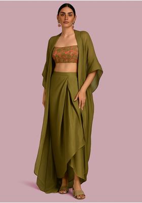 Olive Embroidered Blouse Georgette Fusion Set