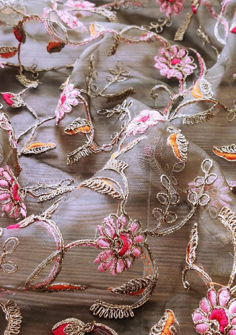 Olive Embroidered Blouse Georgette Fusion Set - Indya