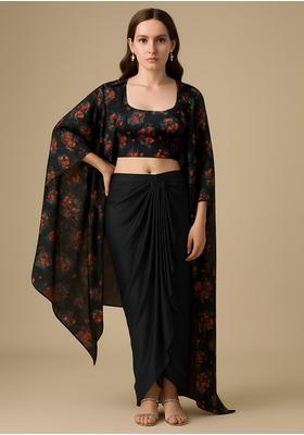 Purple Embroidered Crepe Pre Draped Saree Set