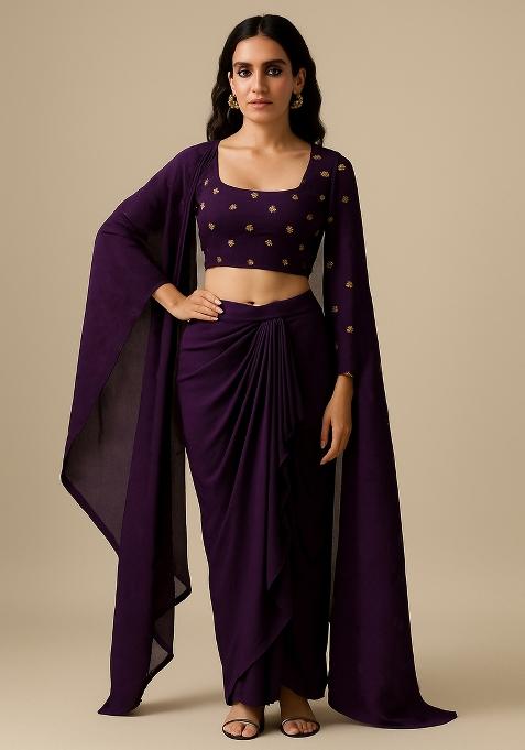 Purple Embroidered Blouse Georgette Fusion Set