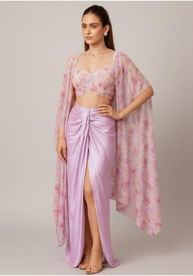 Lilac Embroidered Crepe Pre Draped Saree Set