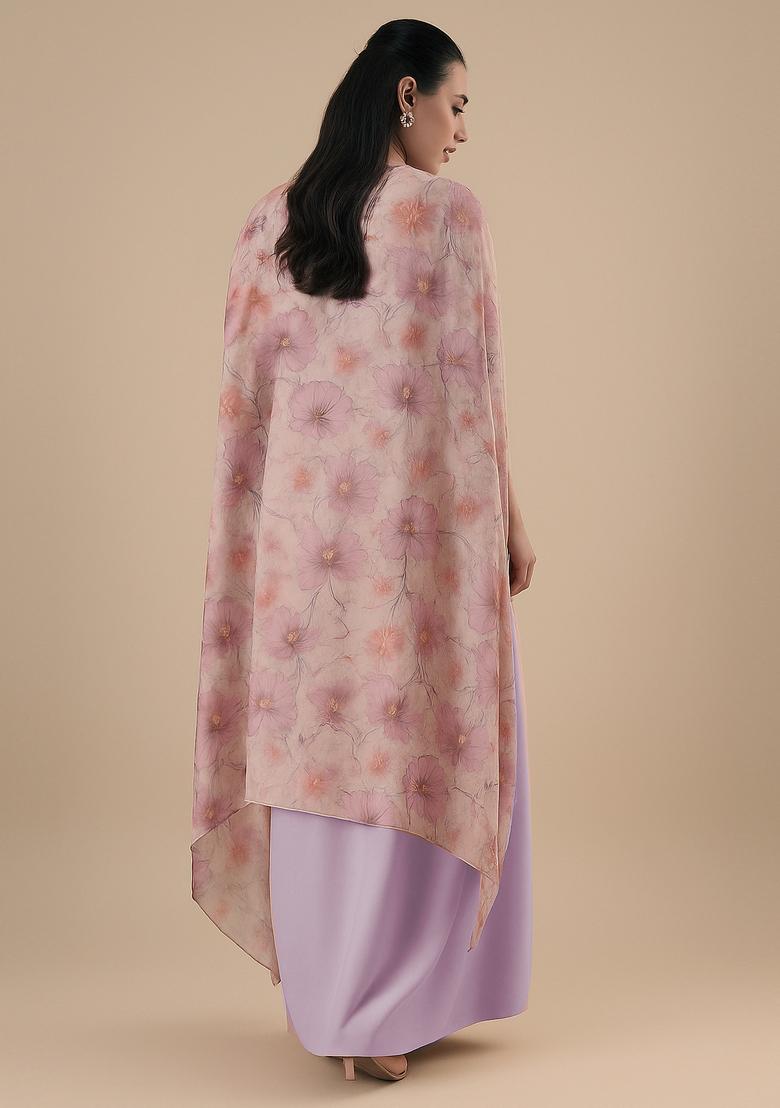 Lilac Embroidered Crepe Pre Draped Saree Set - Indya