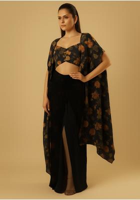Black Embroidered Crepe Pre Draped Saree Set