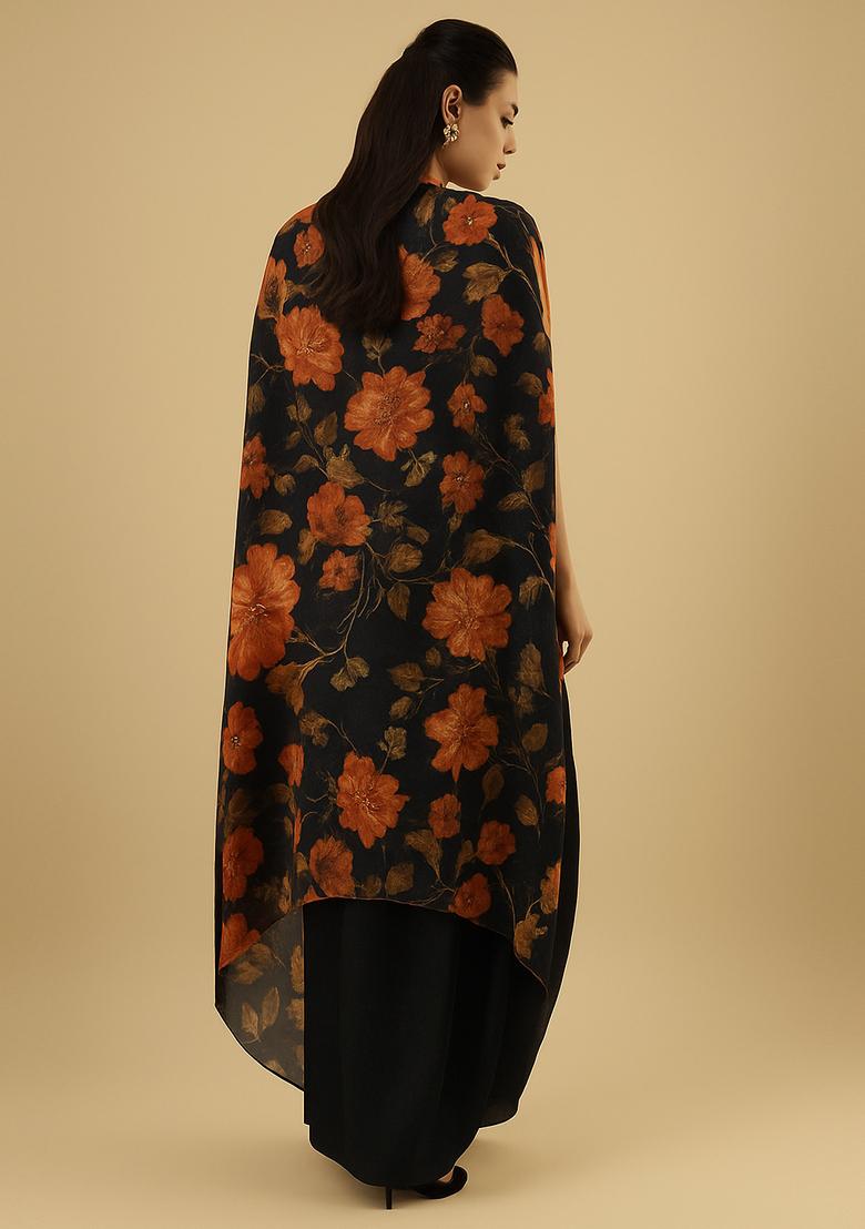 Black Embroidered Crepe Pre Draped Saree Set - Indya