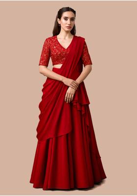 Red Embroidered Blouse Georgette Pre Draped Saree Set