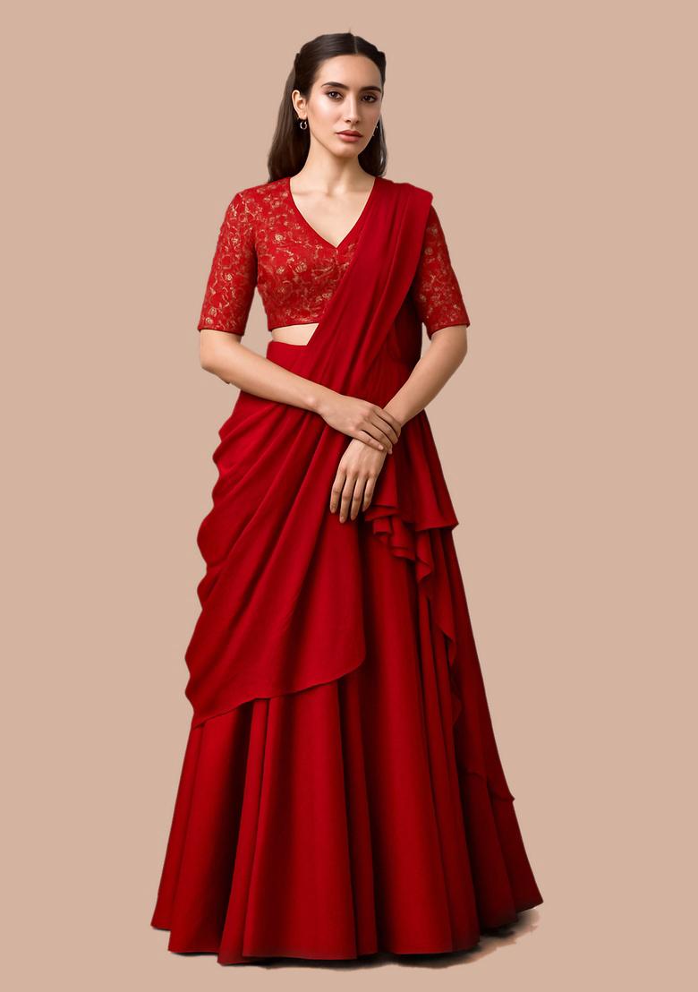 Red Embroidered Blouse Georgette Pre Draped Saree Set