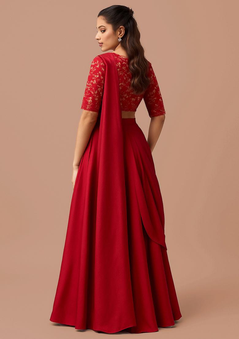 Red Embroidered Blouse Georgette Pre Draped Saree Set - Indya
