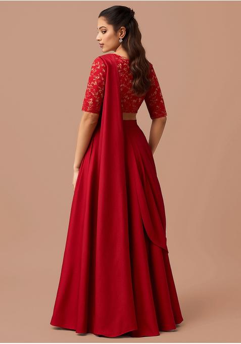 Red Embroidered Blouse Georgette Pre Draped Saree Set