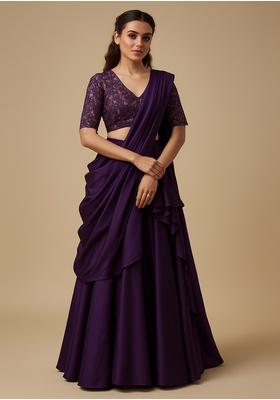Purple Embroidered Blouse Georgette Pre Draped Saree Set