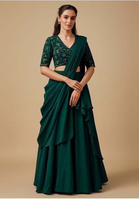 Teal Green Embroidered Blouse Georgette Pre Draped Saree Set