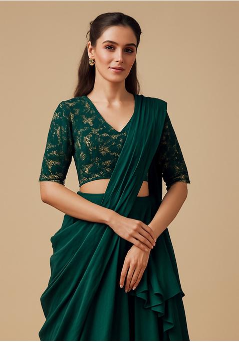 Teal Green Embroidered Blouse Georgette Pre Draped Saree Set
