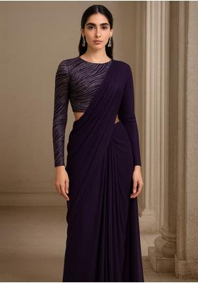 Purple Georgette Embroidered Blouse Pre Draped Saree Set