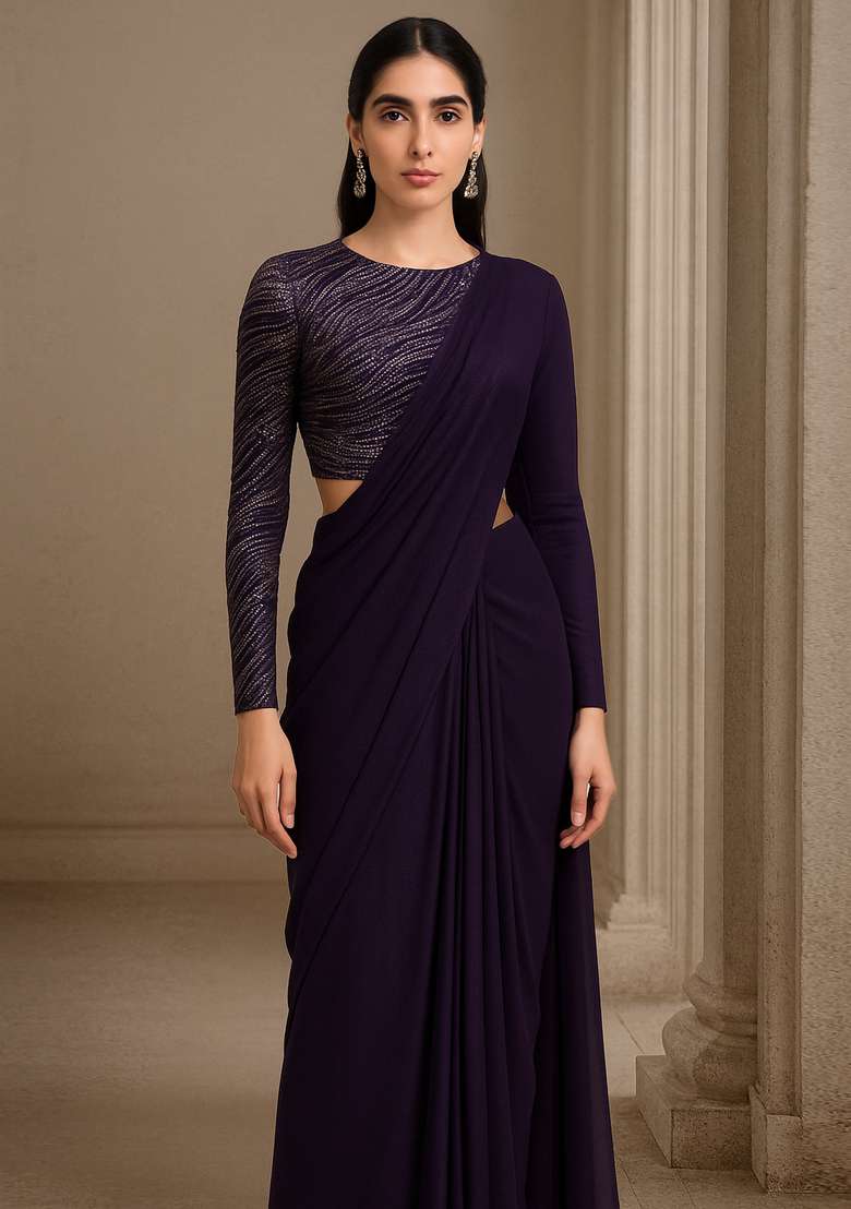 Purple Georgette Embroidered Blouse Pre Draped Saree Set - Indya