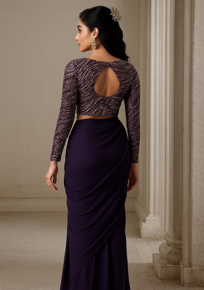 Purple Georgette Embroidered Blouse Pre Draped Saree Set - Indya