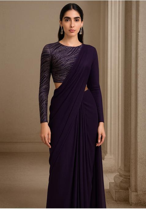 Purple Georgette Embroidered Blouse Pre Draped Saree Set