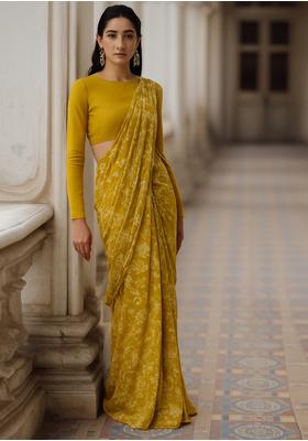 Mustard Yellow Georgette Printed Blouse Pre Draped Saree Set