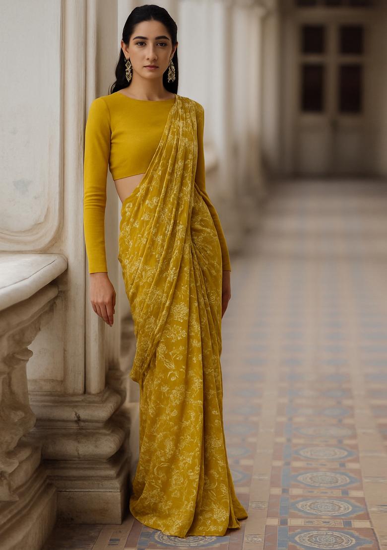Mustard Yellow Georgette Printed Blouse Pre Draped Saree Set