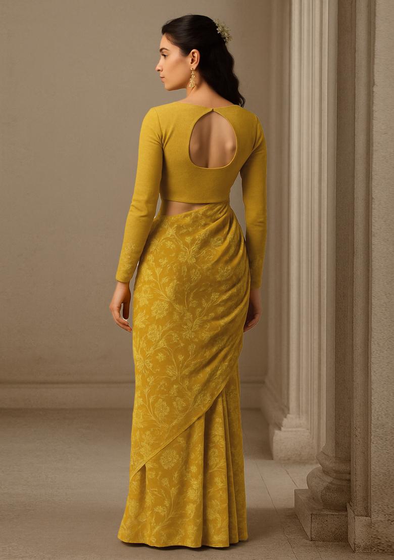 Mustard Yellow Georgette Printed Blouse Pre Draped Saree Set