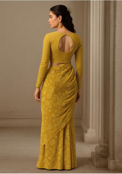 Mustard Yellow Georgette Printed Blouse Pre Draped Saree Set