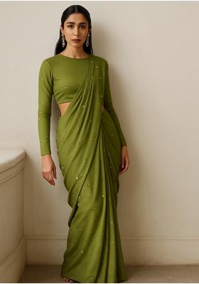 Olive Georgette Sequin Embellished Pre Draped Saree Set