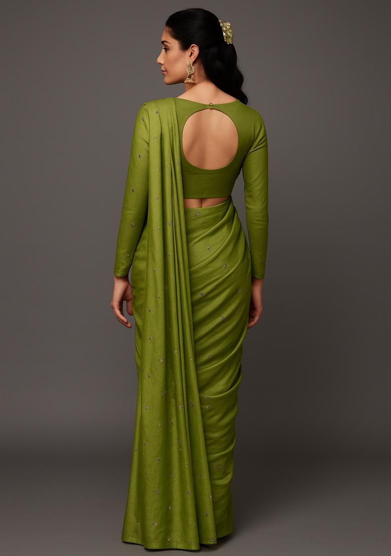 Olive Georgette Sequin Embellished Pre Draped Saree Set - Indya