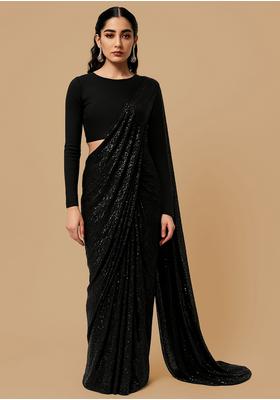 Black Georgette Sequin Embellished Pre Draped Saree Set