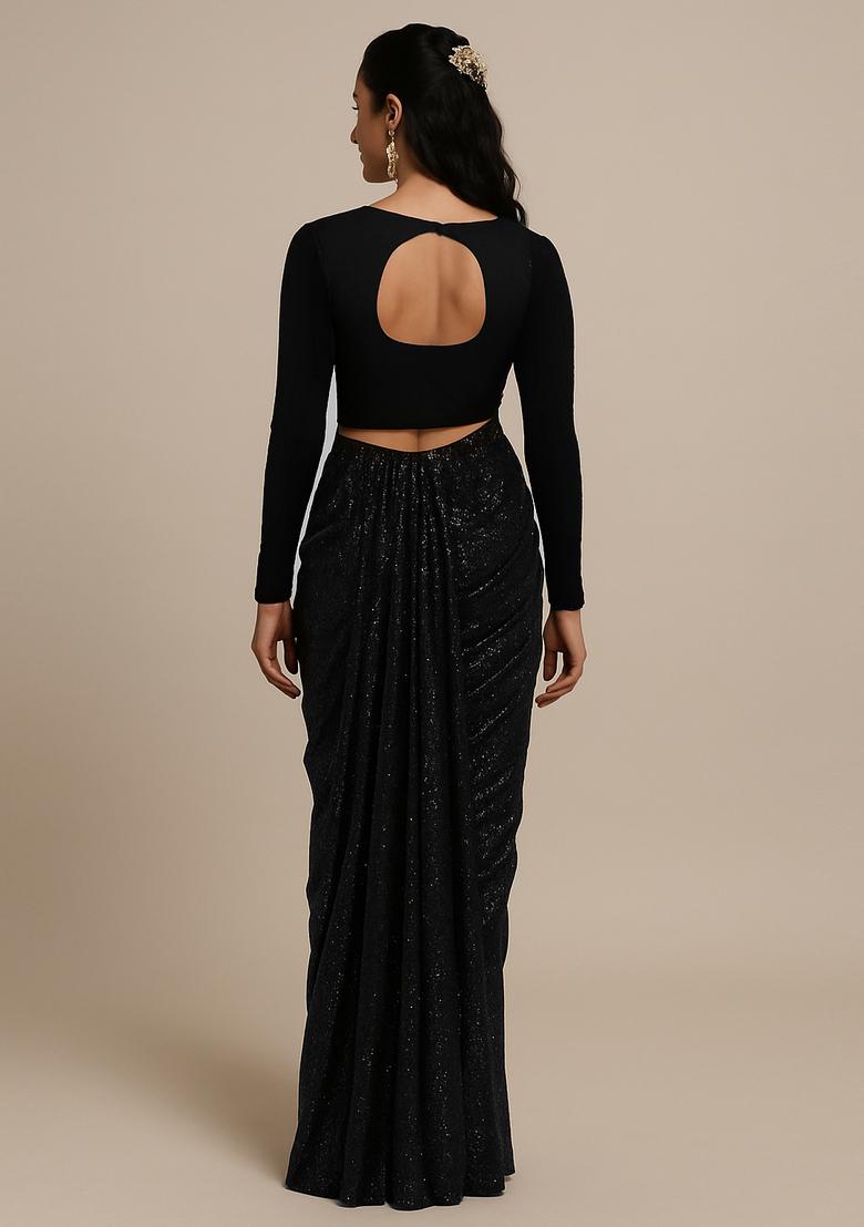 Black Georgette Sequin Embellished Pre Draped Saree Set - Indya