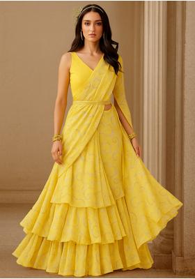 Yellow Georgette Printed Pre Draped Saree Set