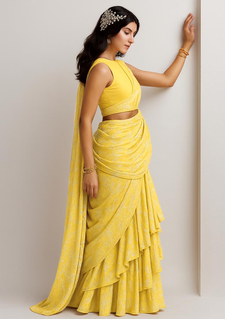 Yellow Georgette Printed Pre Draped Saree Set - Indya